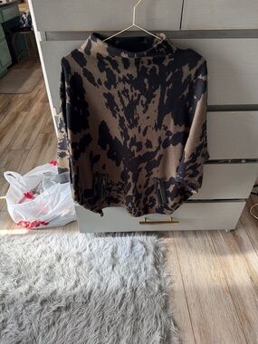 Joseph Ribkoff Black and Brown Abstract Funnel Neck Sweater